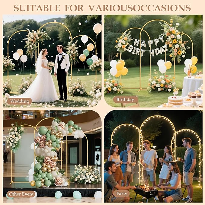 Metal Arch Backdrop Stand Set of 3(7.2 ft, 6.6 ft, 6 ft) Party Arch Stands for Wedding, Birthday, Baby Shower, Bridal Shower, Balloon Arched Frame for Garden Decor, Gold Floral Arches, 3 Pieces