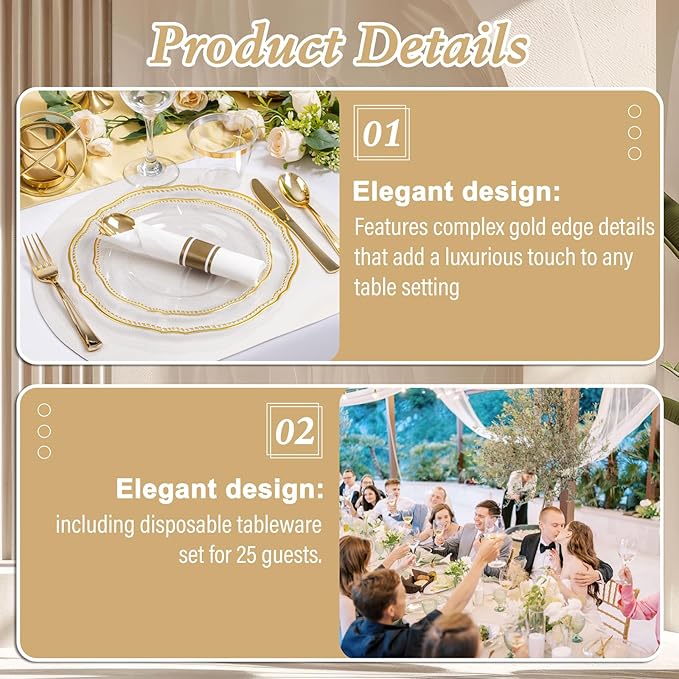 Hioasis 175pcs Clear Gold Plastic Plates - Gold Plastic Dinnerware Set Includes 25 Dinner Plates, 25 Dessert Dinnerware, 25 Cups, 25 Napkins Perfect for Wedding & Party