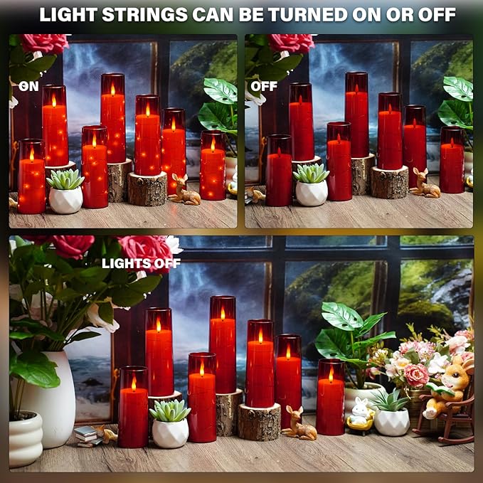 Flickering Flameless LED Candles,Battery Operated Candles 24 Pcs with Embedded Star String,Acrylic LED Pillar Candles with Remote,Suitable for Home Decoration to Create an Atmosphere (Red)