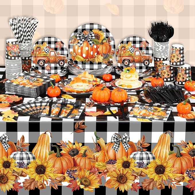 452 Pcs Fall Thanksgiving Party Decorations, Black White Buffalo Plaid and Orange Pumpkin Maple Leaves Paper Plates Napkins Cups Tablecloth Cutlery Straws for Autumn Harvest Party Supplies