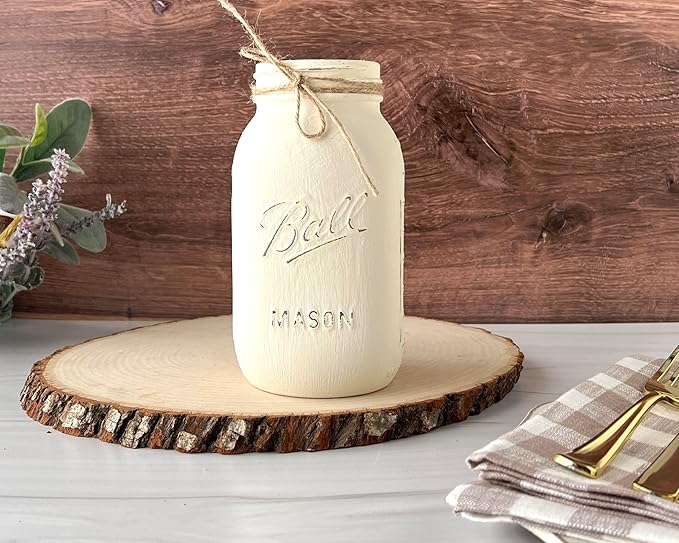Mason Jar Centerpieces for Tables, Set of 5-32 oz Hand-Painted Ivory Mason Jars for Wedding, Baby Shower, Bridal Shower - Rustic Bridal Shower Centerpieces for Tables (5 Ivory Jars - No Flowers)