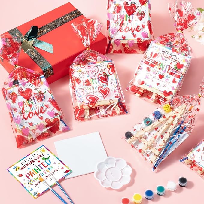 Valentines Day Gifts for Kids, 24 Set Mini Acrylic Paint Kit with Valentines Day Cards, Wood Easel, Canvases, Painting Kits for Kids Girls Boys, Party Favor Valentine Exchange Gift Class Prize