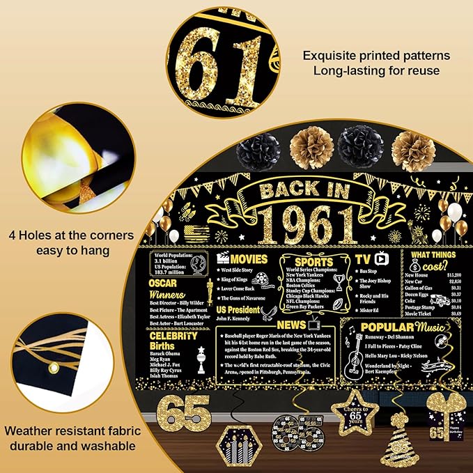 65th Birthday Decorations for Men Women, 106 PCS Back in 1961 Decorations, Vintage 65th Birthday Party Tableware Set for men,Backdrops,Card, Banner, Paper Poms,Hanging Swirl, Tableware for 24 Guests