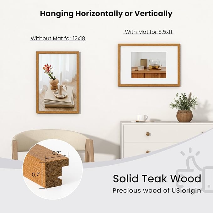 Axeman 12x18 Poster Frame - Solid Teak Wood 12 x 18 Picture Frame With Mat for 8.5x11, 18''x12'' Wood Frame, Tempered Glass and Hanging Hardware Included Home Decor Hanging Frame, Natural Teak