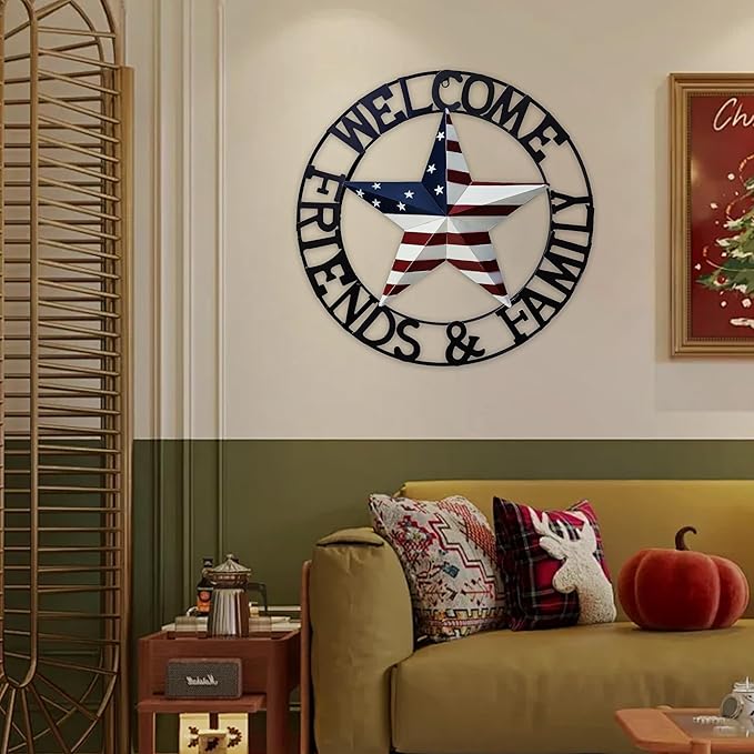 JoyEvy 22" Patriotic Metal Barn Star Welcome Sign Wall Sculptures, American Flag Design Outside Wall Decor,Metal Star for Indoor or Outdoor ,Texas Stars for Western Country Farmhouse Primitive House Decoration