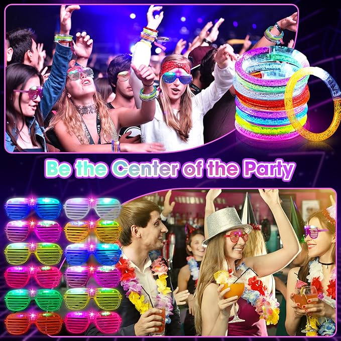 Honoson Glow in the Dark Party Supplies, Light up Glasses LED Bracelets, Neon Favor Flashing Bulk Gift for Adult