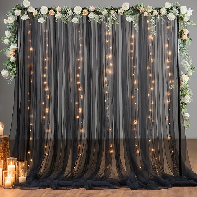 10ft x 10ft Black Backdrop Curtain with Lights String for Parties, Sheer Tulle Wedding Photo Backdrops Drapes for Baby Shower Birthday Party Decorations Background for Photography