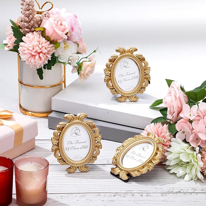 Vicenpal 20 Pieces Vintage Picture Frames Mini Frames Oval Small Antique Baroque Photo Holder Resin for Jewelry Display Photo Christmas Holiday Party Decor(Gold)