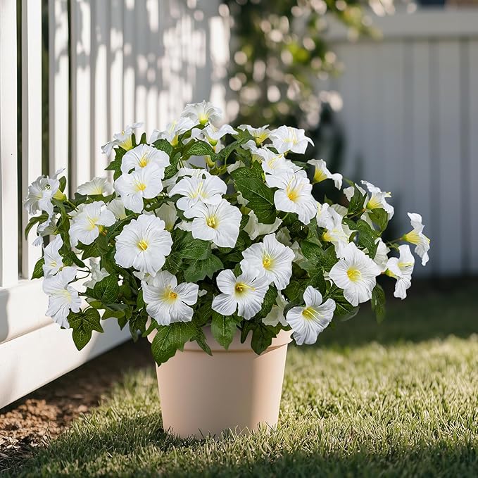 19 Inch Artificial Fake Flowers for Outdoor,4 Pcs Faux Silk Petunias Spring Flowers for Outside for Indoor Porch Planter Front Door Garden Patio Window Box Home Decor(White)