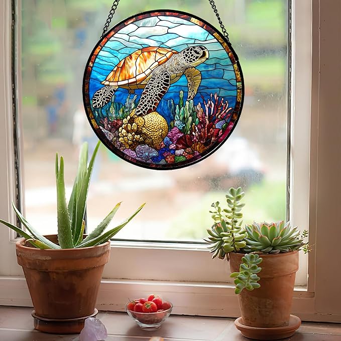 Stained Glass Window Hanging Blue Sea Ocean Coral Turtle 9.8" - Suncatcher Door Garden Sunroom Sun Catcher Home Decor Birthday Christmas for Mom Men Woman Nana