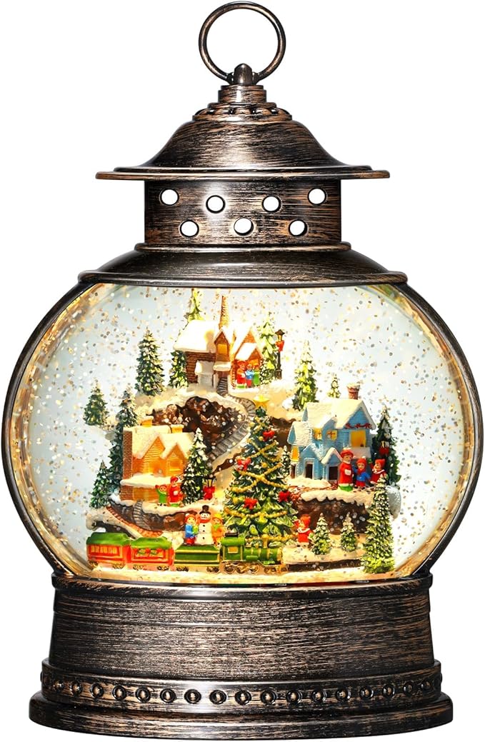 Village Snow Globe 12 Inch Christmas Snow Globe Lantern, Lighted Christmas Decorations Indoor with Music Timer Glitter, Navidad Musical Train Snowglobe Home Decor, USB or Battery Operated