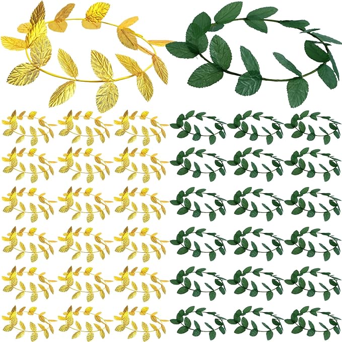 40 Pcs Greek Headband for Toga Party, 7.28 Inch Gold and Green Laurel Wreath Headbands, Greek Roman Goddess Headbands, Golden Leaf Crown Headpiece for Women, Toga Party Decor and Photo Props