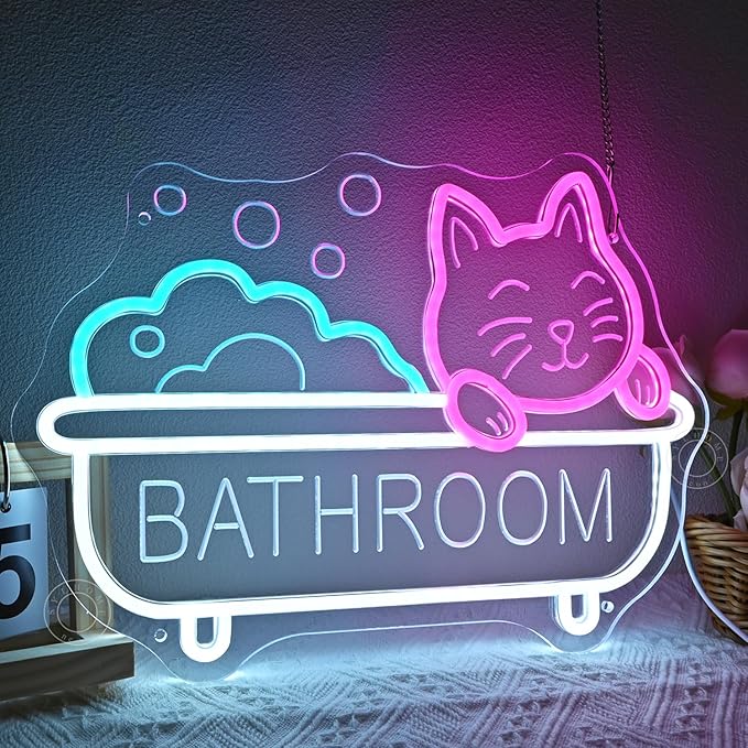SYLHOME Bathroom Cat Led Neon Light Sign Bath Cat Bathing Home Bathroom Kids Room Funny Wall Sign Decor Birthday Christmas Party 15.75" X 11.4" USB