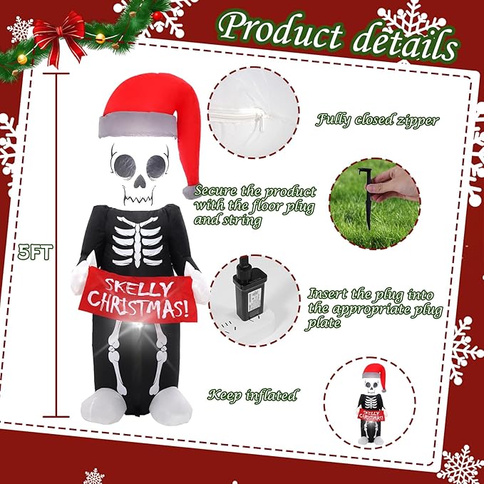 5 FT Christmas Hat Skeleton, Outdoor Inflatable Decorations with Built-in LED Lights for Gothic Style Holiday Inflatable White Christmas for lawns, Gardens, and Outdoor use