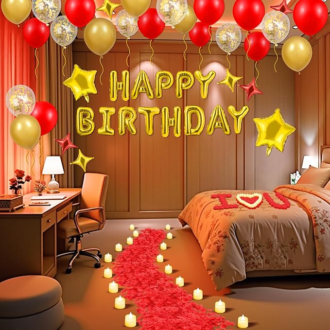 Gold Happy Birthday Balloons Decorations Red and Gold Birthday Balloon Letters Banner with 6 Pcs Star Balloons Red Artificial Rose Petals 24 Flameless LED Candles for Room Golden Bday Party Supplies