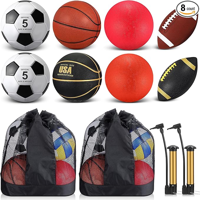 Deekin 8 Pcs Assorted Sport Balls Set Official Size Basketball Football Soccer Playground Balls with Pump and Bag Multi Athletic Ball for Youth Adult Outdoor Indoor Holiday Sports Gifts