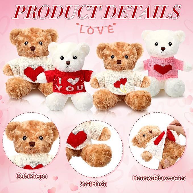 Hungdao 8 Pcs Valentines Bears Bulk 9.84 Inch Valentines Stuffed Animals Bulk Small Cute Plush Bears with Heart Clothes Valentine Gifts for Girlfriend Mother's Day Wedding Birthday Party(Sweet Style)