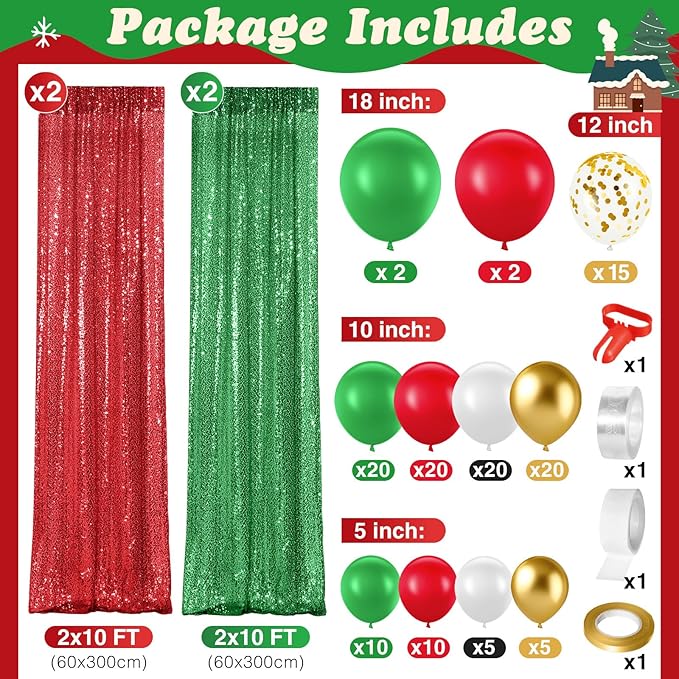 137 Pcs Red Green Christmas Party Backdrop Kits-4 Sequin Curtains Backdrop 133 Balloon Arch Kit, Glitter Photo Background for Xmas New Year Eve Birthday Wedding Anniversary Baby Shower