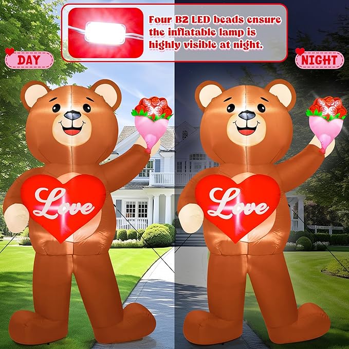 8 FT Valentines Day Inflatables Outdoor, Blow Up Bear Holding Love Heart and and Flowers, Romantic LED Lighted Valentine's Day Inflatables Decorations for Anniversary Wedding Proposal Party Lawn