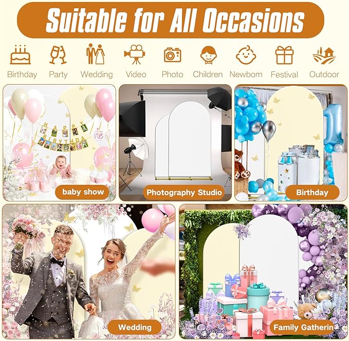7.2FT Wedding Arch Backdrop Stand and Cover ,Double-Color Spandex Fitted Arch Covers Round Top Balloon Arched Frame for Wedding/Baby Shower/Birthday/Party/Graduation /Indoor Outdoor Use (White +Ivory