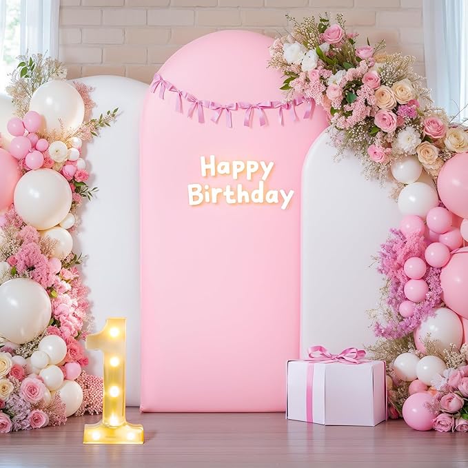 White and Pink Arch Cover 3 Set-6FT, 5FT, 4FT Arch Backdrop Cover Spandex Fitted 2-Color Fabric Stand Covers for Baby Shower Gilrs Birthday Party Ceremony Banquet Photo Background Decorations