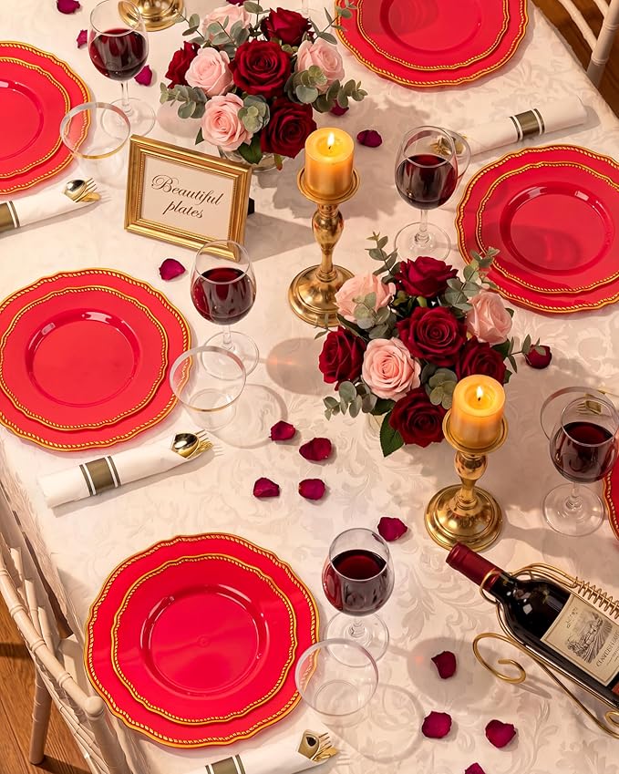 Hioasis 350pcs Red Gold Plastic Plates - Red Plastic Dinnerware Set Includes 50 Dinner Plates, 50 Dessert Dinnerware, 50 Cups, 50 Pre-rolled Napkins Perfect for Wedding & Party