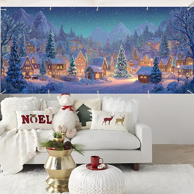 Christmas Garage Door Banner 7x16FT Winter Village Scene, Large Snowy Town Garage Door Cover, Outdoor Xmas Decoration Backdrop for Yard, Driveway & Holiday Parties