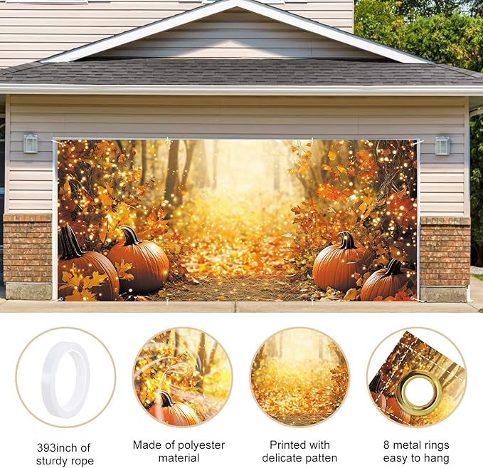 ANNA QUEEN Autumn Glow Pumpkin Garage Door Banner 6 x 13FT, Fall Forest Path with Lights for Spring Easter Parties Christian Home Decor, Outdoor Garage Decoration for Halloween Parties Home Decor