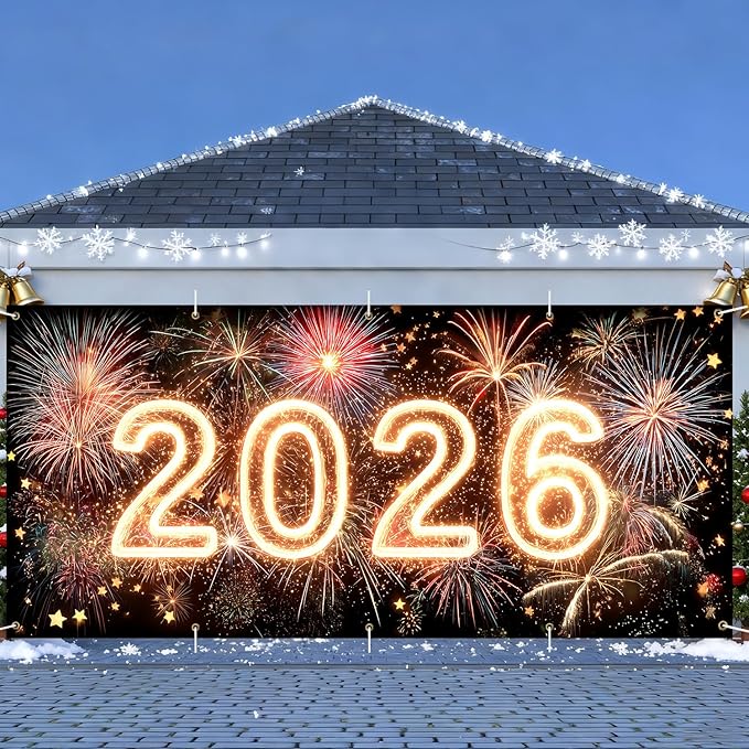 2026 New Year Garage Door Banner 7x16FT, Neon Glow 2026 Fireworks Garage Door Cover, Large Outdoor Happy New Year Decoration Backdrop for Garage Door, Fence, Yard, Party Photo Booth