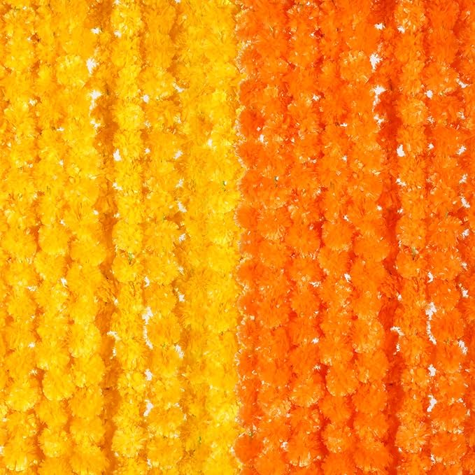 Giegxin 15 Pack Marigold Garland for Decoration 5 ft Long Strands Faux Artificial Marigold Flowers for Dia De Los Muertos Diwali Indian Wedding Party Decorations(Yellow,Orange)