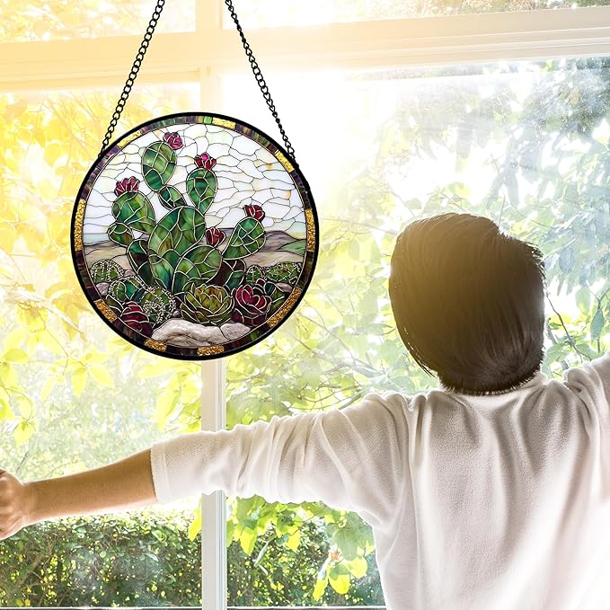 Stained Glass Window Hanging,Green Cactus Purple Flowers Suncatcher Diamond Glass Panel Sun Catchers Decor for Birthday for Women, Men, Wife, Aunt, and Mom 9.8 in