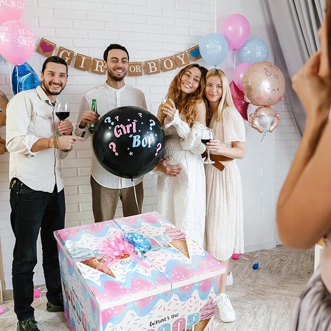 AmazingSpark 28in Jumbo Gender Reveal Gift Box Kit with Oversized Box Giant Pull Bows for Gender Reveal Baby Shower Birthday Party Decor(What's the Scoop)