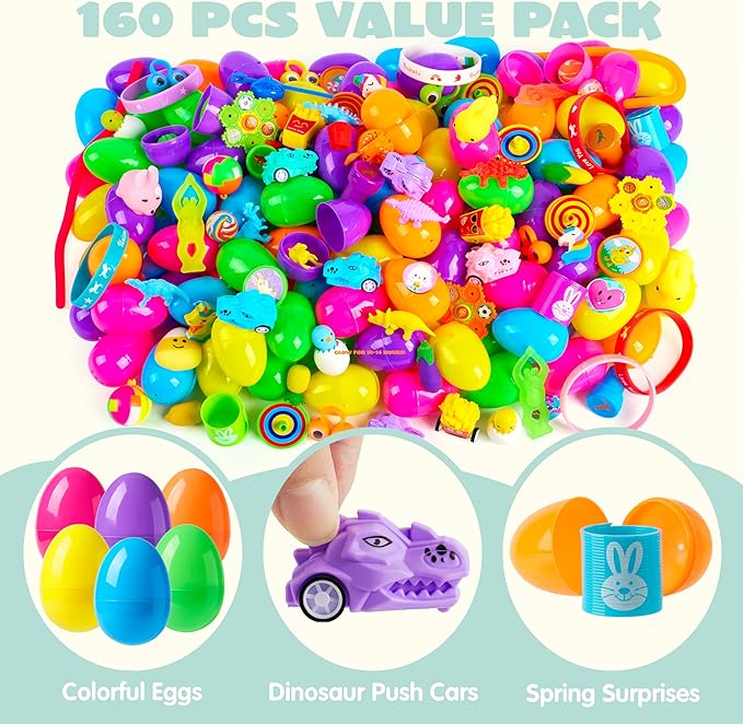 JOYIN 160 PCS Prefilled Easter Eggs with Assorted Toys for Easter Egg Hunt Supplies, Basket Stuffers, Classroom Prizes, Party Favor
