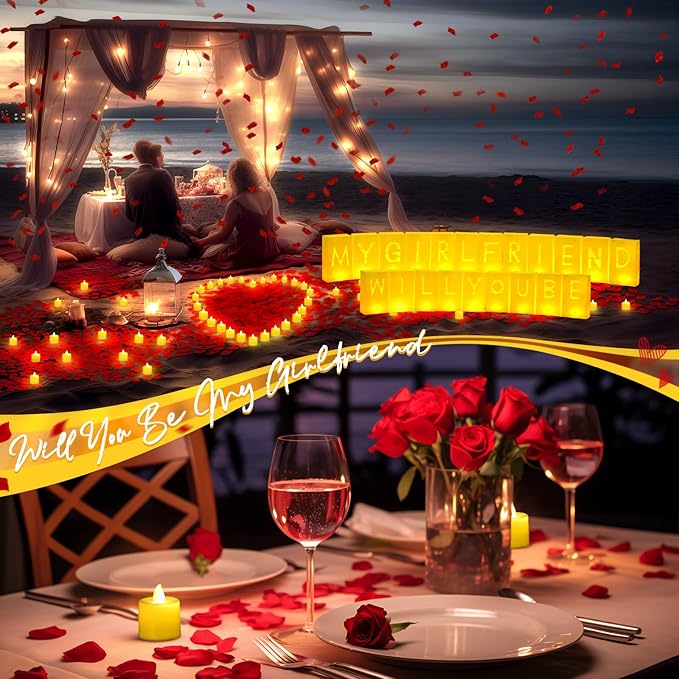6093 Pcs Will You Be My Girlfriend Light up Letters with LED Flameless Tealight Candle Red Rose Petal Letter Luminary Paper Bag for Valentine's Day Decoration Romantic Special Night Decor