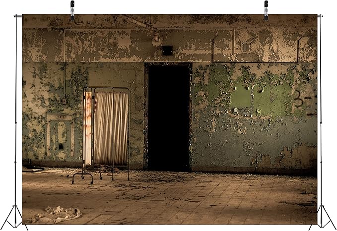 BELECO 10x8ft Fabric Creepy Old Hospital Backdrop Abandoned Hospital Insane Asylum Haunted Halloween Backdrop Shabby Interior Horror Themed Party Decorations Kids Adult Portrait Shooting Photo Props