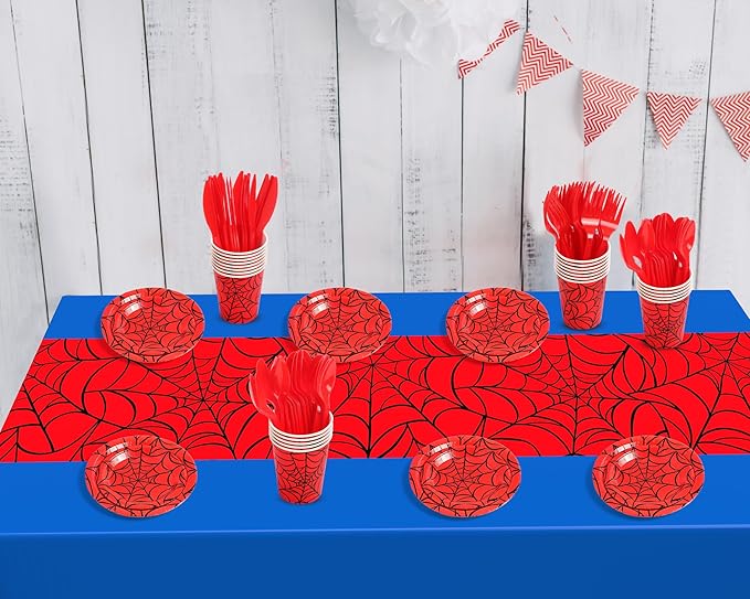 Oudain 162 Spider Birthday Party Decoration Supplies Red Blue Disposable Rectangular Spider Web Tablecloth Paper Plates Napkins Cups Set Plastic Dinner Tableware Forks Spoons Knifes