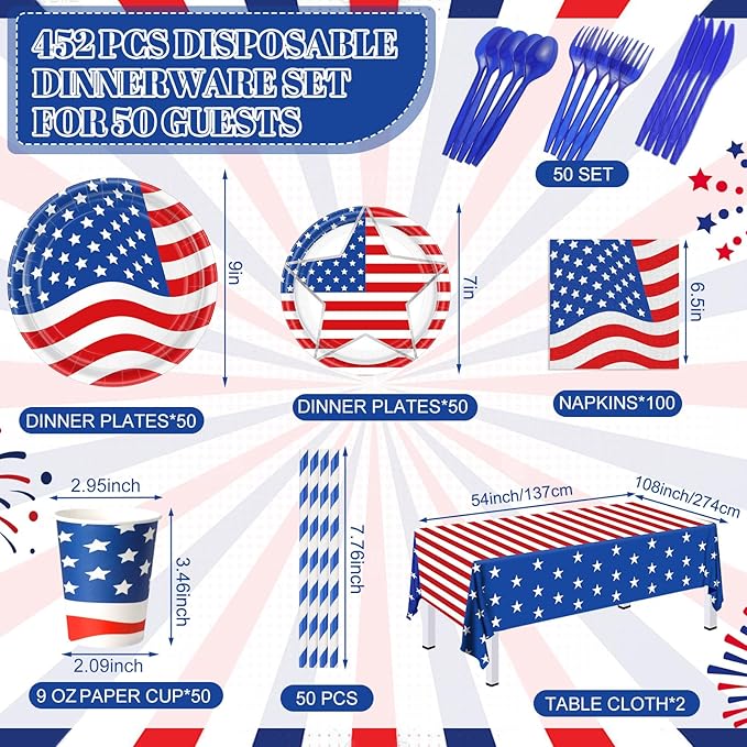 452 Pcs Party Supplies Serve 50 Guests, Paper Plates Napkins Cups Cutlery Plastic Tablecloth Dinnerware for Birthday Wedding Party Decoration(Red White Blue,American Flag)