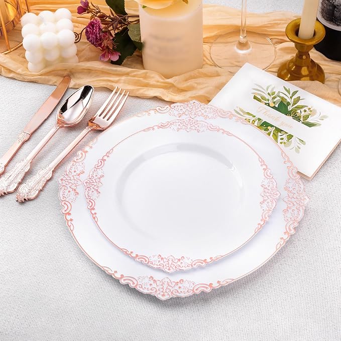 100 PCS White and Rose Gold Plastic Plates for 50 Guests, Rose Gold Disposable Plates Include 50 PCS Dinner Plates, 50 PCS Dessert Plates for Party, Wedding and Baby Shower