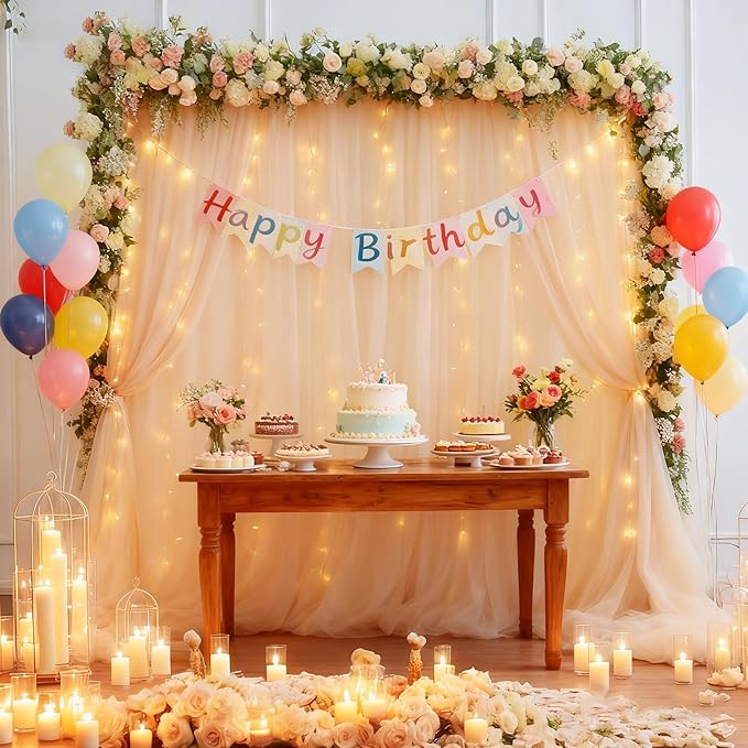 10x10ft Champagne Tulle Backdrop Curtain with Lights String for Parites, Sheer Photo Backdrop Curtains for Wedding Ceremony Bridal Shower Baby Shower Birthday Party Photo Shoot Background Decorations