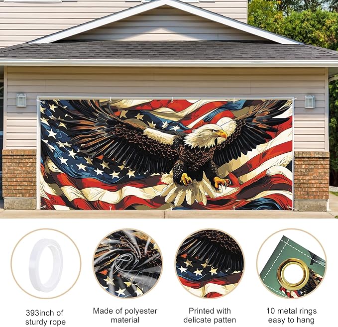 Eagle American Flag Garage Door Banner 7x16FT, Patriotic Bald Eagle & American Flag Design, Outdoor Decoration for Independence Day and National Holidays