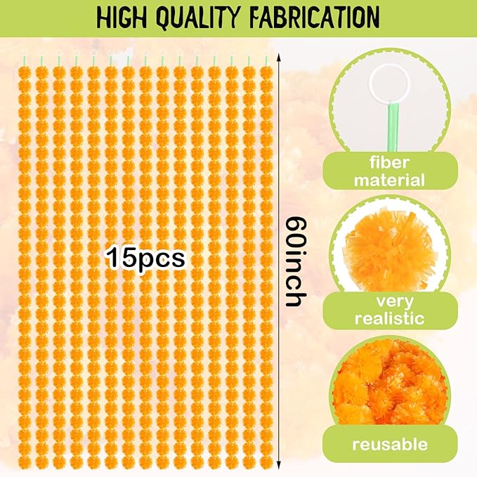 Giegxin 15 Pack Marigold Garland for Decoration 5 ft Long Strands Faux Artificial Marigold Flowers for Dia De Los Muertos Diwali Indian Wedding Party Decorations(Light Orange)