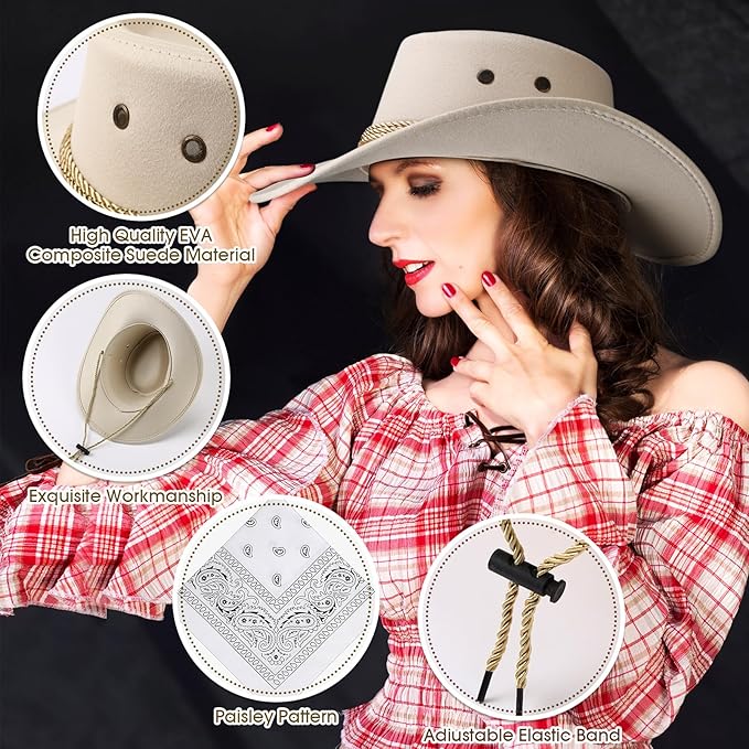Coume 10 Set Cowboy Hat and Bandana for Women Men 10 Felt Cowgirl Cowboy Hat Bulk 10 Western Bandanas for Adult Costume Party
