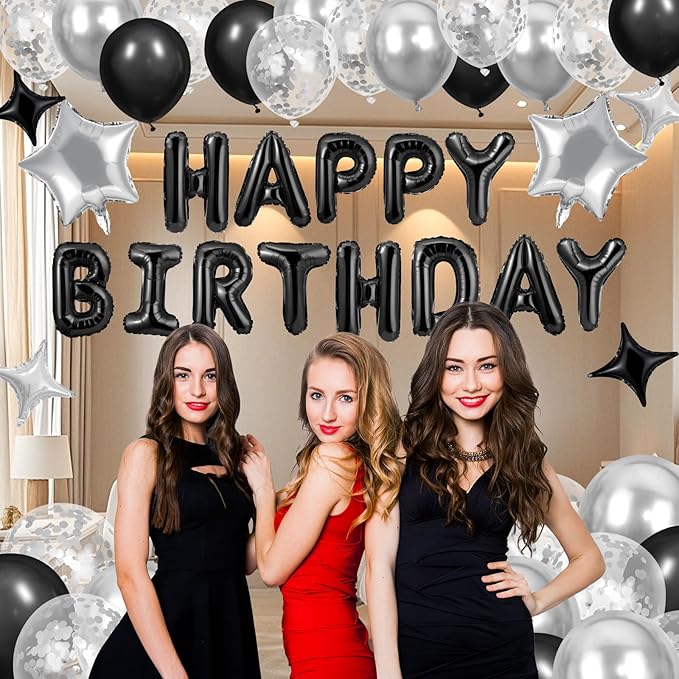 Black Happy Birthday Balloons Decorations Silver and Black Birthday Balloon Letters Banner with 6 Pcs Star Balloons Black Artificial Rose Petals 24 Flameless LED Candles for Room Birthday Party Decor