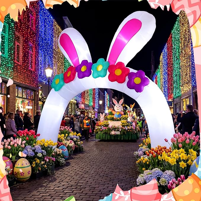 VIHOSE 10FT Easter Bunny Inflatable Arch with Flowers Giant Easter Blow Up Yard Decoration Rabbit Ear Archway Yard White Decoration with Build-in LED for Party Lawn Easters Egg Hunt Event