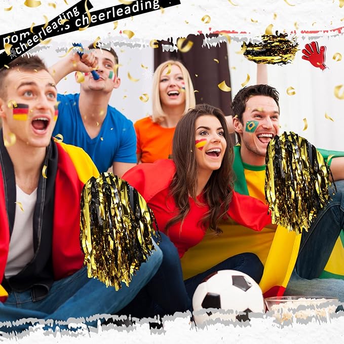Hanaive 100Pcs Metallic Cheerleading Pom Poms with Baton Handle Cheerleader Pompom Foil 30g Cheering Squad Hand Flowers for Adults Team Spirit Sports Party Cheering
