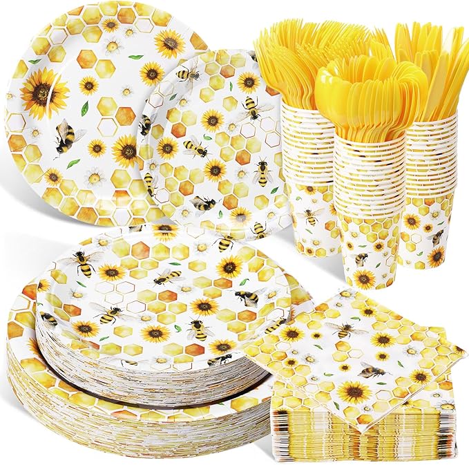 Pickmesh 400 Pcs Bee Sunflower Birthday Party Supplies Include Spring Summer Bee Disposable Paper Plates Napkins Cups Cutlery for Honey Bumble Birthday Baby Shower Party Supplies Serve 50