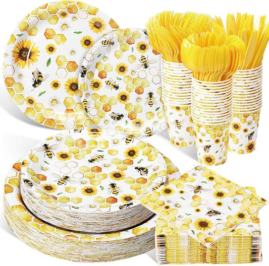 Pickmesh 400 Pcs Bee Sunflower Birthday Party Supplies Include Spring Summer Bee Disposable Paper Plates Napkins Cups Cutlery for Honey Bumble Birthday Baby Shower Party Supplies Serve 50