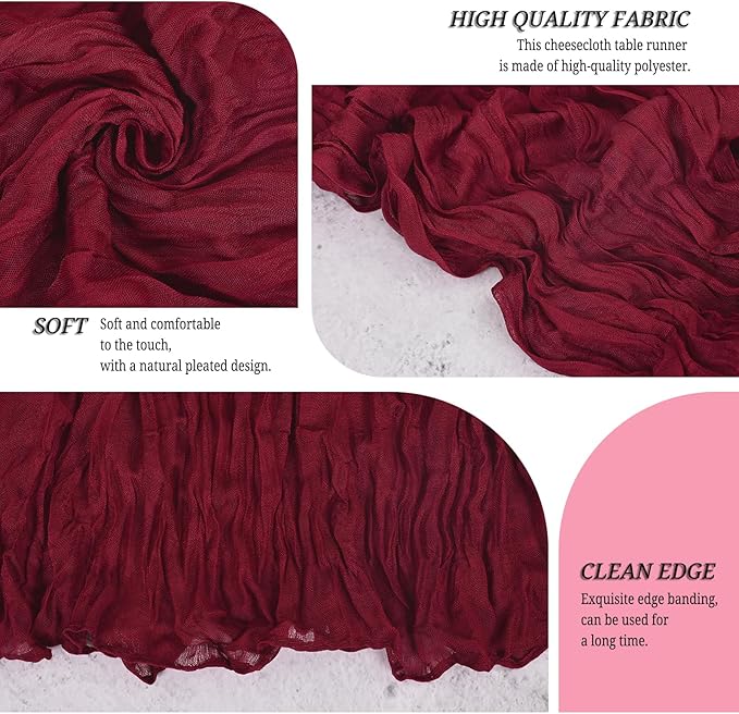 24 Pack Burgundy Cheesecloth Table Runner 120 inch Fall Thanksgiving Boho Rustic Gauze Farmhouse 10FT Cheese Cloth Runner for Baby Shower Wedding Party Holiday Home Decor