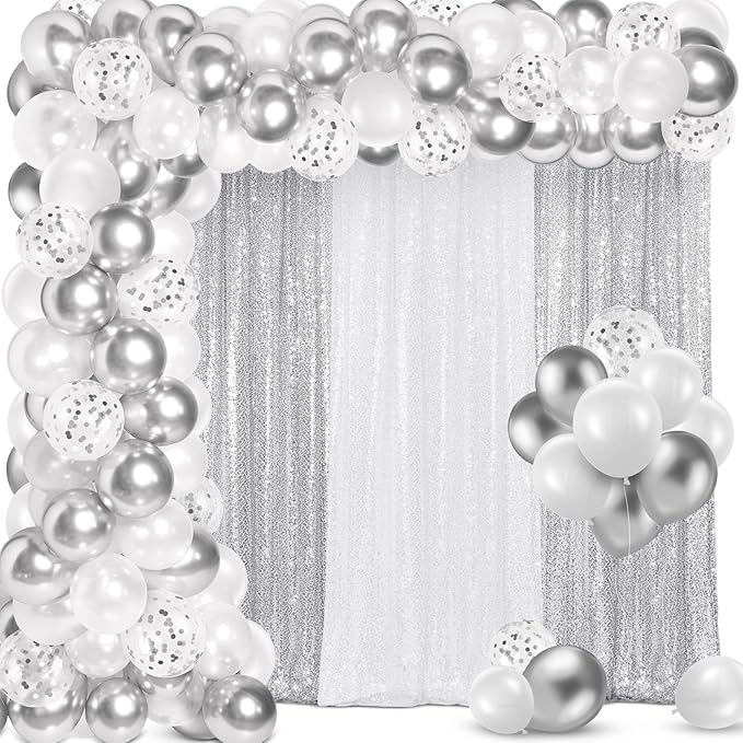 137 Pcs White Silver Party Backdrop Kits - 4 Sequin Backdrop Curtain 133 Balloon Garland Kit Photo Prop Background for Wedding Anniversary Winter Wonderland Birthday Baby Shower