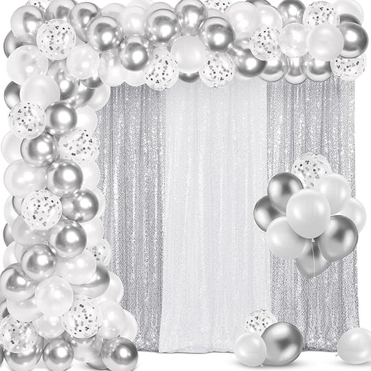 137 Pcs White Silver Party Backdrop Kits - 4 Sequin Backdrop Curtain 133 Balloon Garland Kit Photo Prop Background for Wedding Anniversary Winter Wonderland Birthday Baby Shower